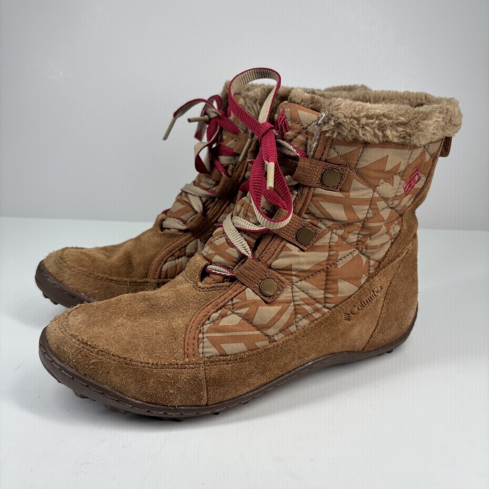 Columbia Women’s Brown Suede Quilted Winter Boots - Tan with Red Accents